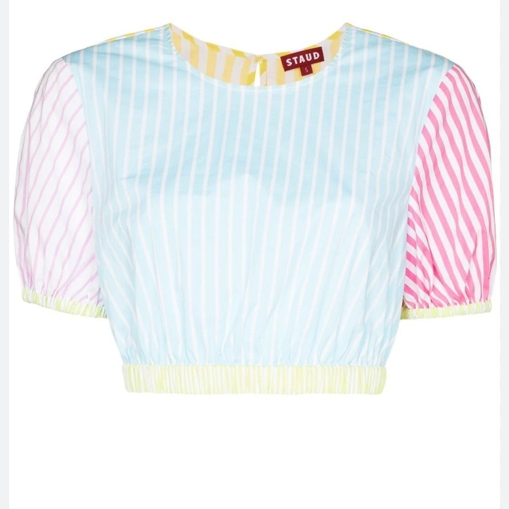 Staud Athena Multicolor Striped Rainbow Crop Short Sleeve Top Blouse Size XS
